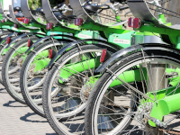 a row of rental bikes